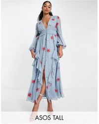 ASOS - Asos Design Tall Shirred Waist Button Through Midi Tea Dress With All Over Embroidery - Lyst