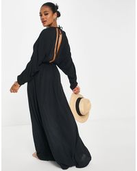 ASOS - Ruched Long Sleeve Plunge Crinkle Beach Maxi Dress - Lyst