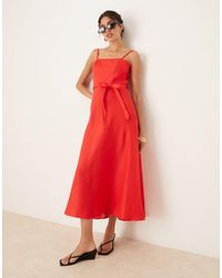 Mango - 100% Linen Square Neck Midi Dress With Belt Detail - Lyst