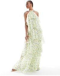 Vero Moda Felicia Halter Neck Tiered Maxi Dress With Corsage Detail in  Green | Lyst