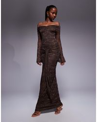 Kaiia - Exclusive Double Layered Slinky Lace Bardot Flare Sleeve Tie Waist Drape Detail Maxi Dress - Lyst