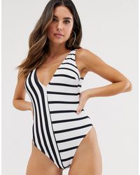 ASOS Gerecycled Badpak Met V-hals En Zwart-witte Strepen - Blauw