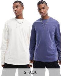 ASOS - Confezione da 2 t-shirt a maniche lunghe girocollo écru e blu - Lyst