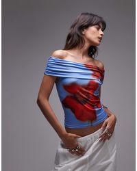 TOPSHOP - Floral Print Microfibre Deep Fold Bardot Top - Lyst