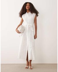 Mango - 100% Cotton Embroidered Tie Waist Midi Shirt Dress - Lyst