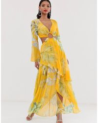 ASOS Maxi Dress With Long Sleeve And Circle Trim Detail In Tropical Print - Yellow