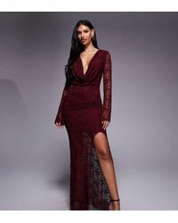 Kaiia - Exclusive Lace Cowl Neck Flare Sleeve Thigh Split Maxi Dress - Lyst