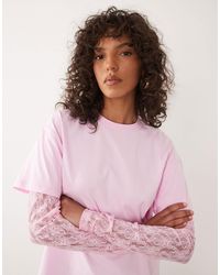 Miss Selfridge - Oversized Tshirt With Lace Sleeve - Lyst