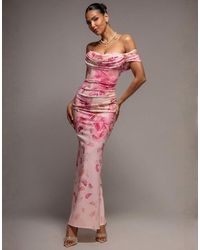 Goddiva - Printed Cowl Neck Pleated Waist Maxi Dress - Lyst