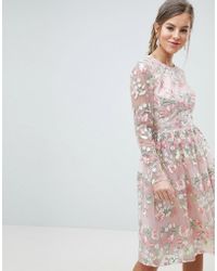 Chi Chi London Premium Embroidered Floral Long Sleeved Midi Prom Dress With Open Back - Multicolour