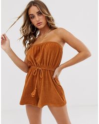 ASOS Jersey Towelling Bandeau Beach Playsuit With Rope Belt - Brown