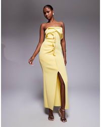 ASOS - Vestido Midi Amarillo Crema Con Escote Palabra De Honor Y Detalle Retorcido En La Parte Delantera De Tejido Efecto Neopreno De - Lyst