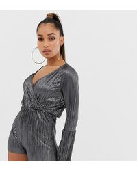 Missguided Exclusive Petite Plisse Wrap Front Playsuit In Silver - Black