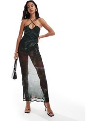 ASOS - Sheer Asymmetric Strappy Neckline Layered Ruched Maxi Dress With Body - Lyst