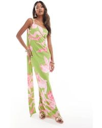 ASOS - Vestito Lungo Monospalla Verde Con Stampa A Fiori Oversize, Nodo E Dettaglio Stile Sciarpa Sul Retro - Lyst