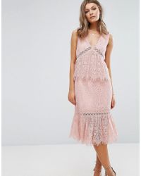 Foxiedox V Neck Lace Ruffle Midi Dress - Pink
