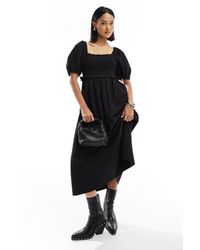 New Look - Robe mi-longue en lin mélangé à manches bouffantes et fronces - Lyst