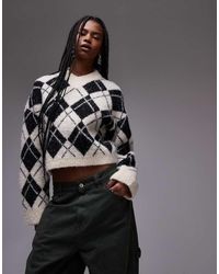 TOPSHOP - Gebreide Trui Met Hoge V-Hals En Ruitpatroon - Lyst