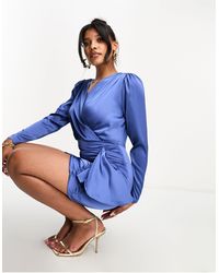 In The Style - Satin V Neck Ruched Mini Dress - Lyst