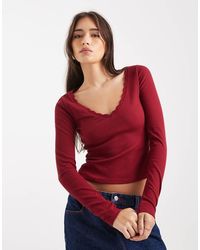 Miss Selfridge - Top A Maniche Lunghe Rosso Con Bordi Smerlati - Lyst