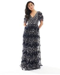 Maya - Fully Embellished Short Sleeve V Neck Ruffle Maxi Dress - Lyst