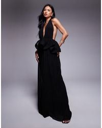 ASOS - Premium Plissé Maxi-Jurk Met Diepe Hals En Peplum Met Versteviging - Lyst