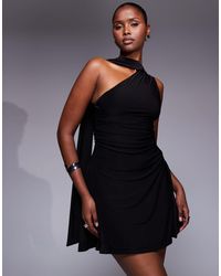 Kaiia - Exclusive Double Layered Slinky One Shoulder Scarf Detail Skater Mini Dress - Lyst