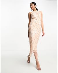 ASOS - High Neck Applique Pearl Mesh Midi Dress - Lyst