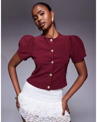 ASOS - Ribbed Puff Sleeve Structu Button Through Top - Lyst