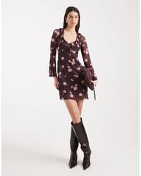 New Look - Floral Mesh Long Sleeve Mini Dress - Lyst