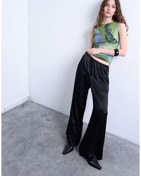 TOPSHOP - Pantalones Negros De Pernera Ancha Con Lazada En La Cintura De Satén De - Lyst