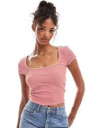 Miss Selfridge - Lace Trim Rib Short Sleeve Top-white - Lyst