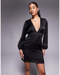 Vesper - Plunge Neck Long Sleeve Satin Mini Dress - Lyst