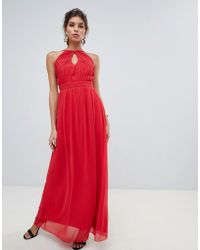 Little Mistress Pleated Panel Bodice Keyhole Maxi Dress And Double Straps. - Red