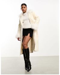 Threadbare - Blair - manteau long élégant noué à la taille avec bordures en fausse fourrure - blanc - Lyst