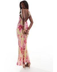 ASOS - Vestito Con Gonna Al Polpaccio Allacciato Al Collo Con Stampa A Fiori Oversize Plissé - Lyst
