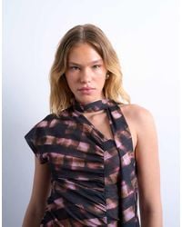 TOPSHOP - Ruched Check Print Scarf Detail Asymmetric Hem Top - Lyst