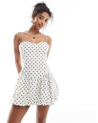 Bershka - Vestito Corto A Palloncino Écru A Pois - Lyst