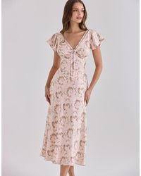 House Of Cb - Raye Vintage Rose Floral Print Satin V-Neck Midi Tea Dress - Lyst