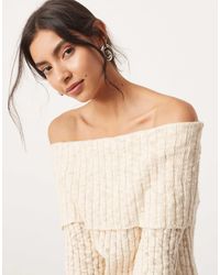 ASOS - Top d'ensemble en maille à manches longues et encolure bardot rabattue - crème - Lyst