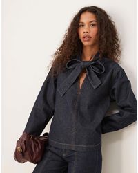 ASOS - V Neck Denim Top With Bow Tie Neck - Lyst
