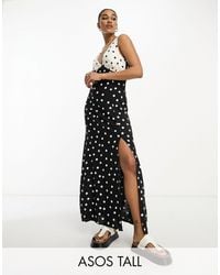 ASOS - Asos design tall - robe d'été longue à pois en lin avec col v - noir et blanc - Lyst