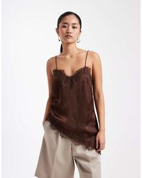 New Look - Longline Asymmetric Lace Trim Satin Cami Top - Lyst