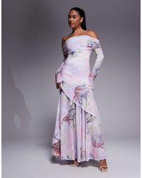 ASOS - Stretch Chiffon Long Sleeve Bardot Maxi Dress With Ruffle Hem - Lyst