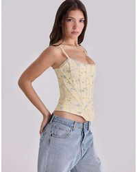 House Of Cb - Cadie Lemon Floral Print Cotton Waist Cinch Corset Top - Lyst