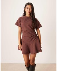 ASOS - Short Sleeve Mini Dress With Ruching Tie Waist Detail - Lyst