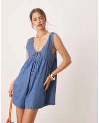 Miss Selfridge - Combishort en jean à nervures - délavé - Lyst