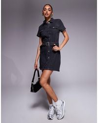 Liquor N Poker - Short Sleeve Denim Button Through 60's Style Mni Dress With Chunky Belt - Lyst
