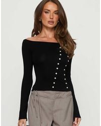 Princess Polly - Jillianna Cotton Rich Bardot Button Detail Long Sleeve Top - Lyst