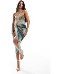 ASOS - – trägerloses midikleid mit marmorprint und verdrehtem oberteil aus netzstoff - Lyst